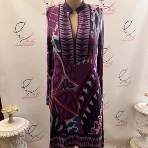 Boston Proper. Sz Small. Purple Border Print Stretch Long Sleeve Dress. B67